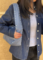 Blue Studded Suede Shoulder Bag