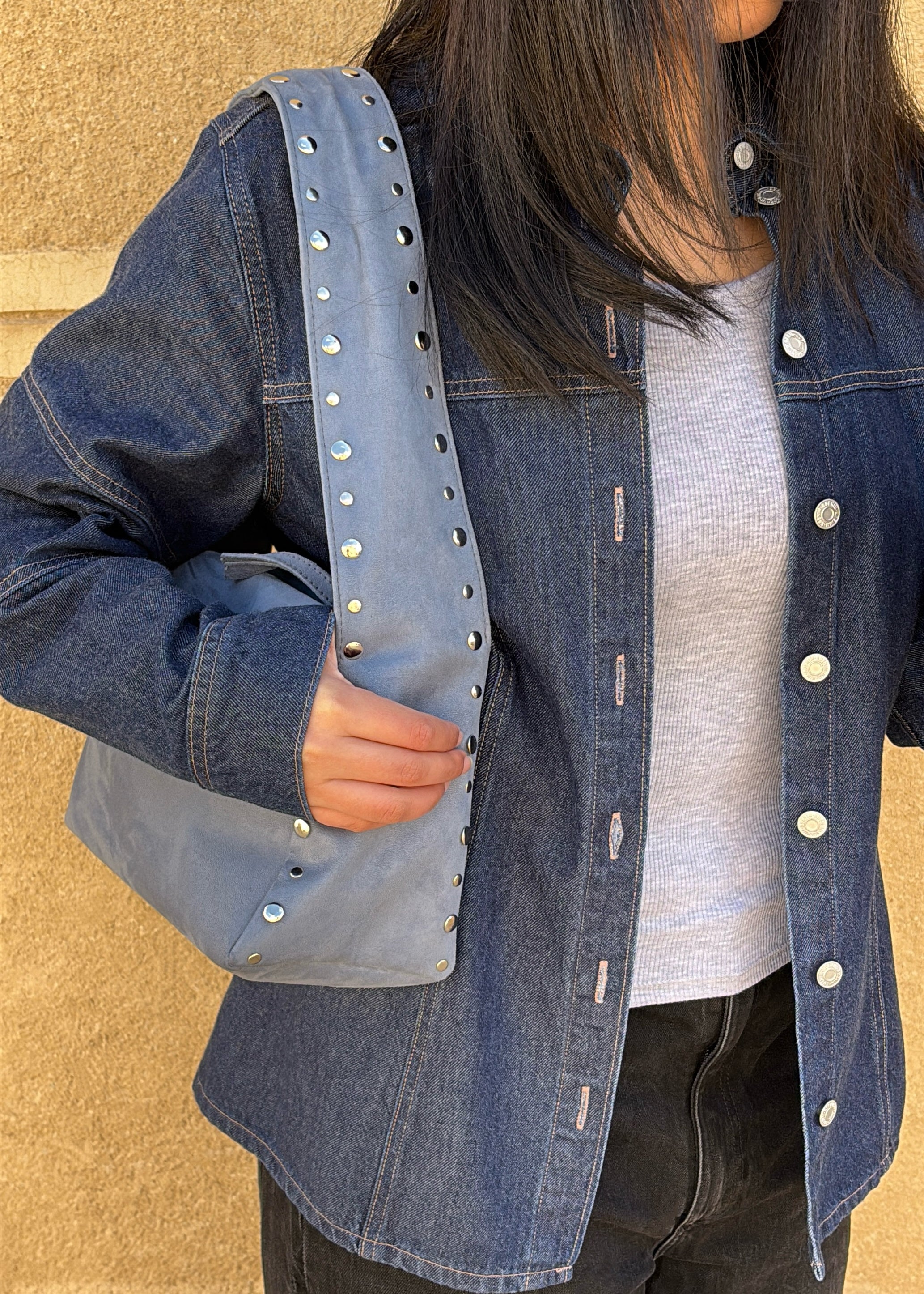 Blue Studded Suede Shoulder Bag
