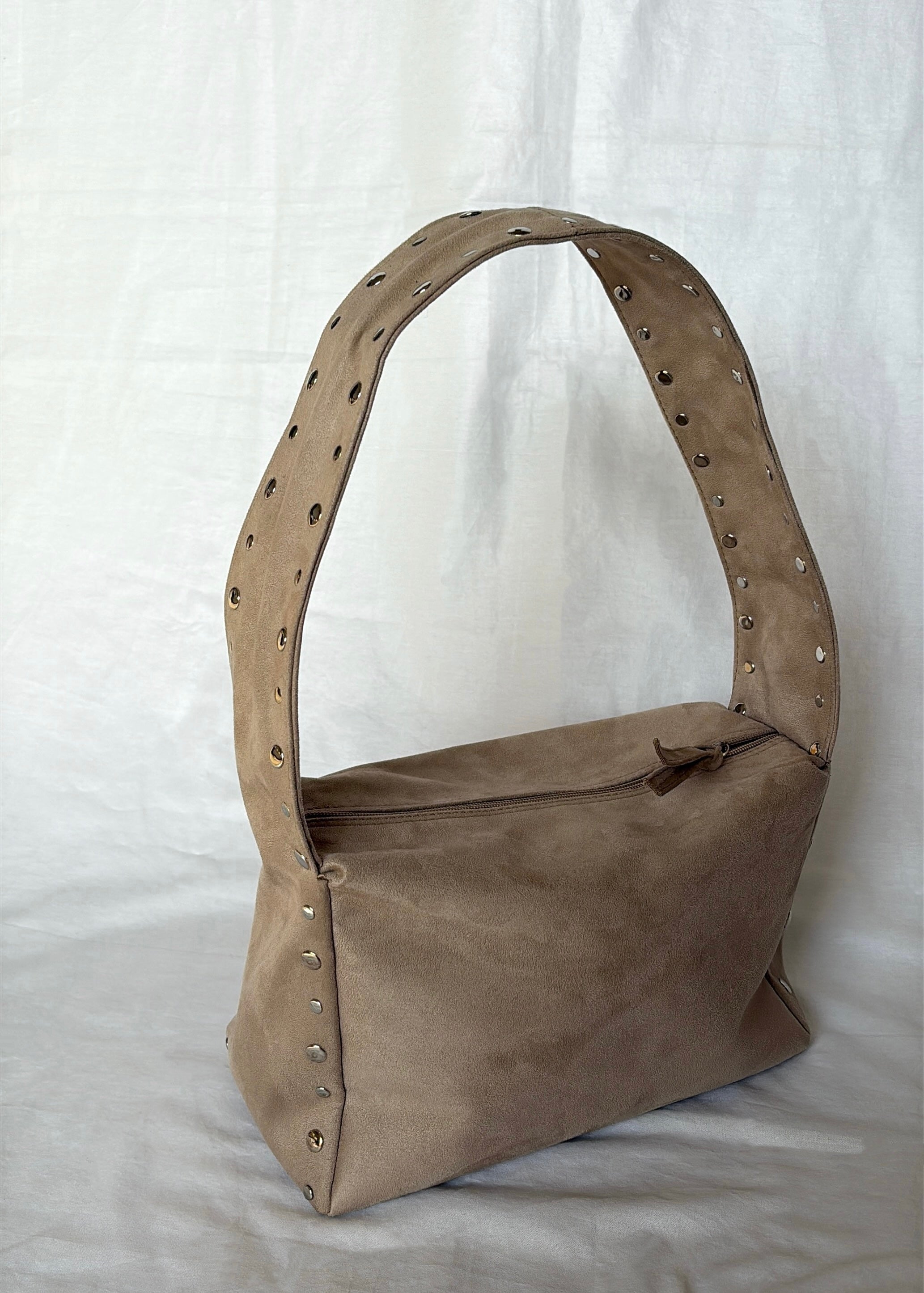 Beige Studded Suede Shoulder Bag