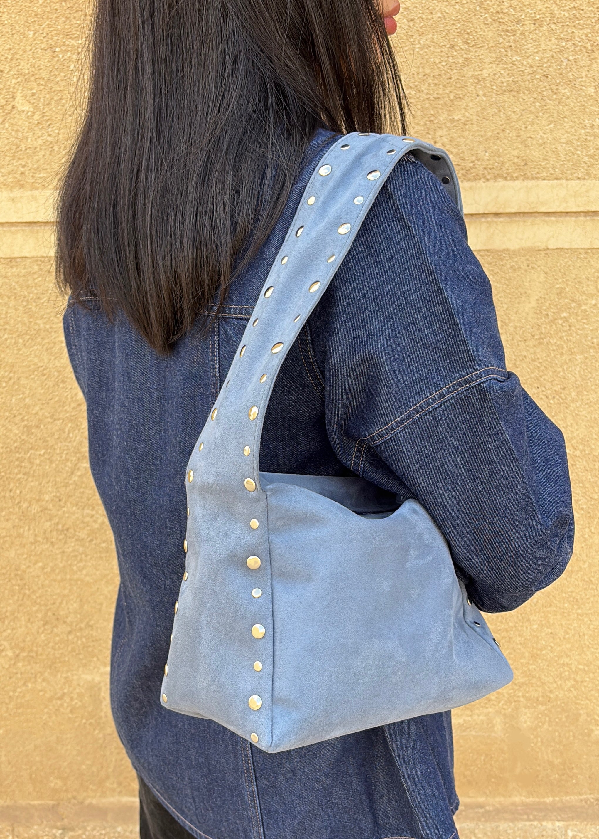 Blue Studded Suede Shoulder Bag