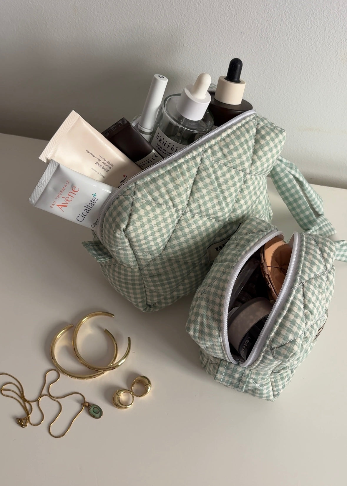 Light Green Gingham Cosmetic Pouch