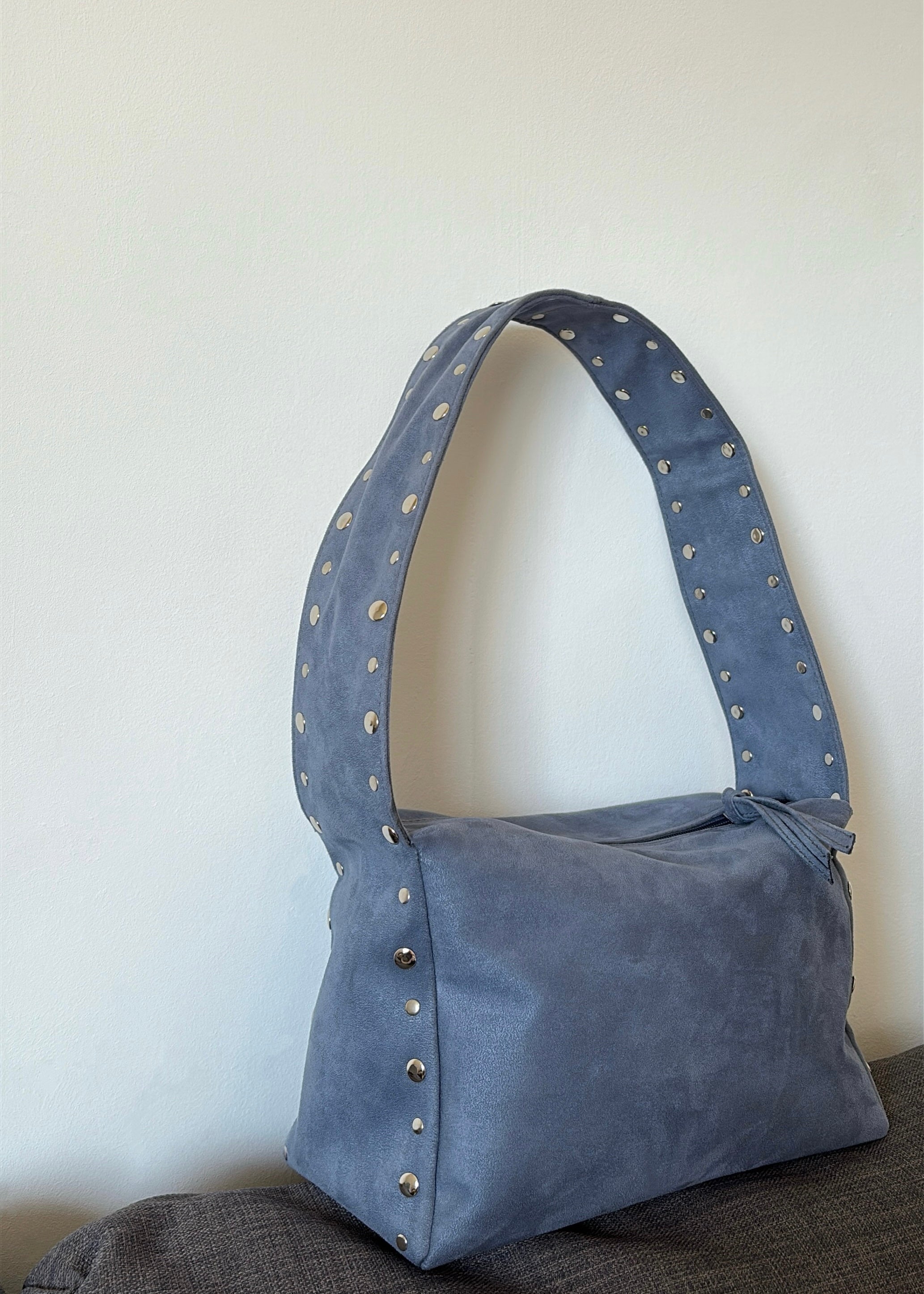 Blue Studded Suede Shoulder Bag