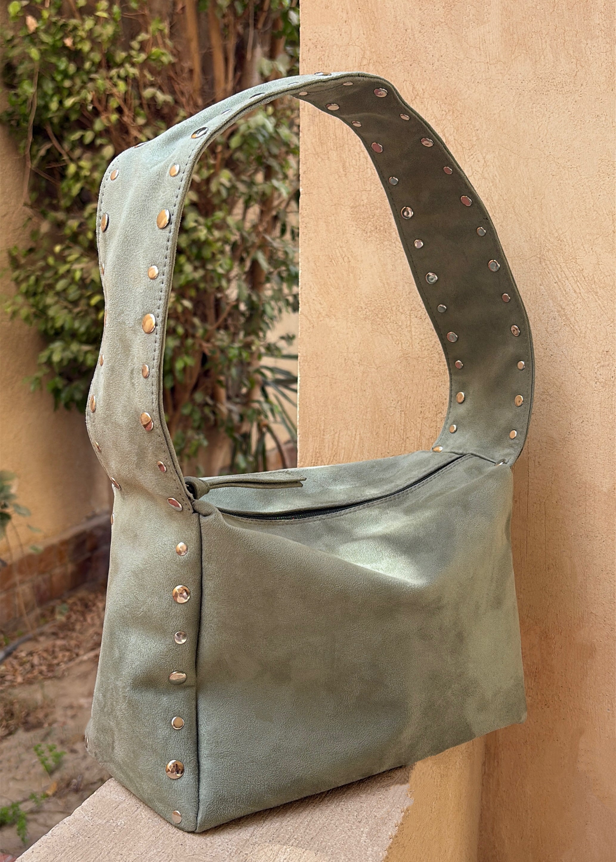 Green Studded Suede Shoulder Bag