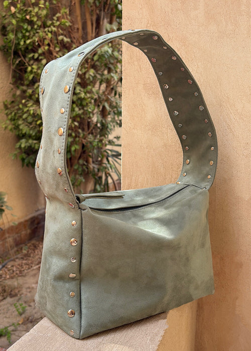Green Studded Suede Shoulder Bag