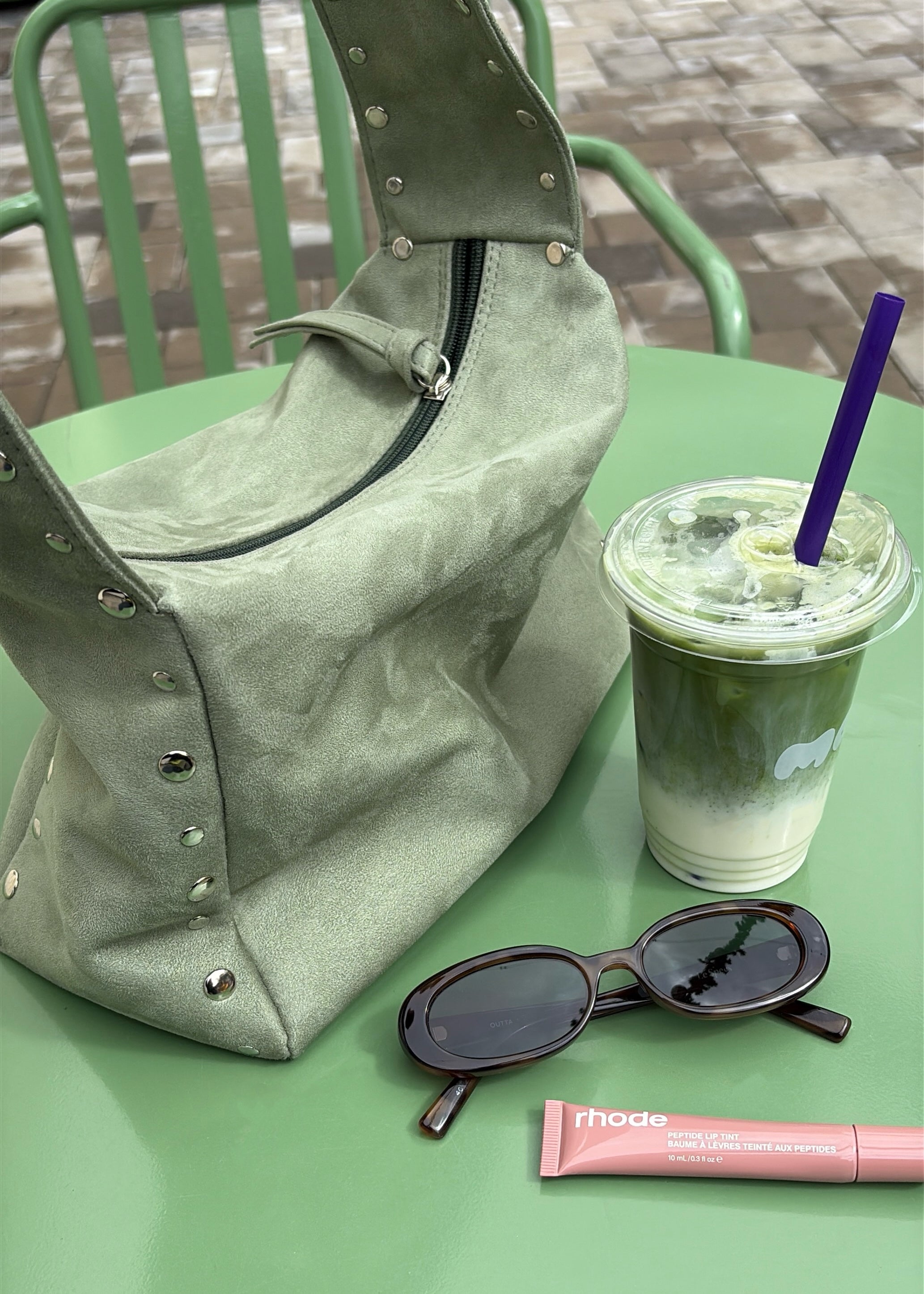 Green Studded Suede Shoulder Bag