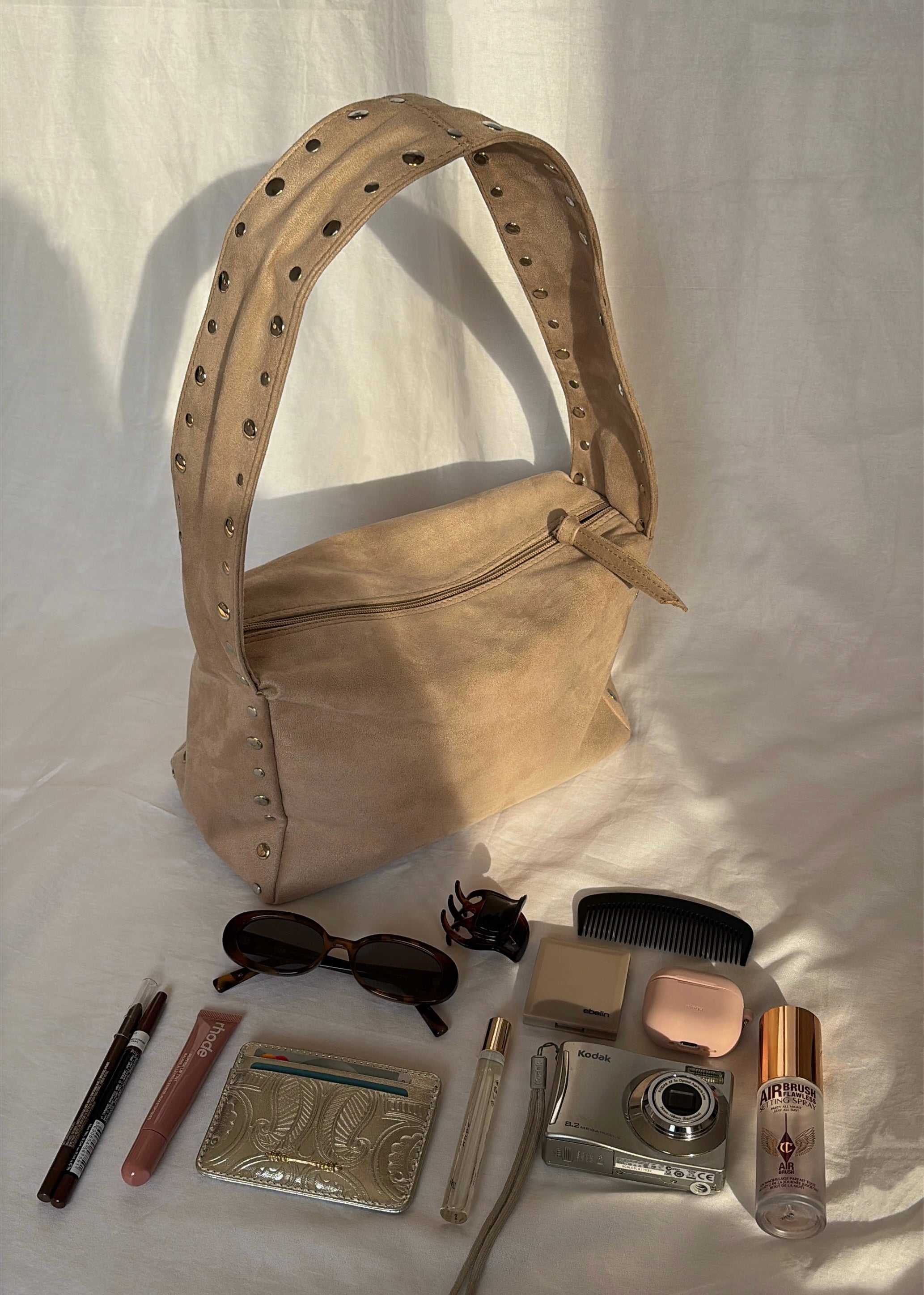Beige Studded Suede Shoulder Bag
