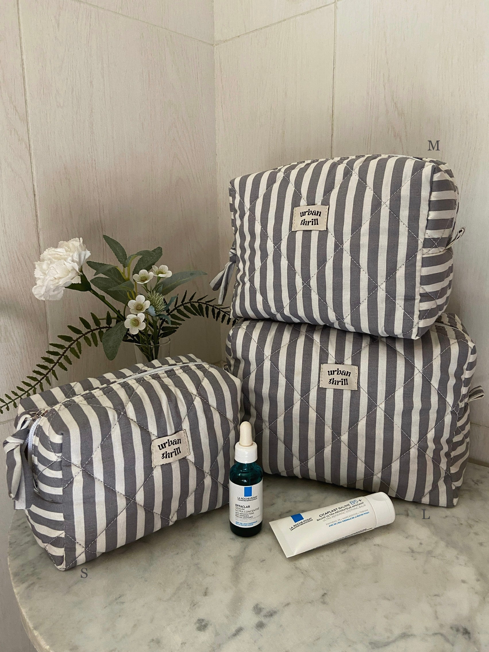 Grey & White Striped Cosmetic Pouch