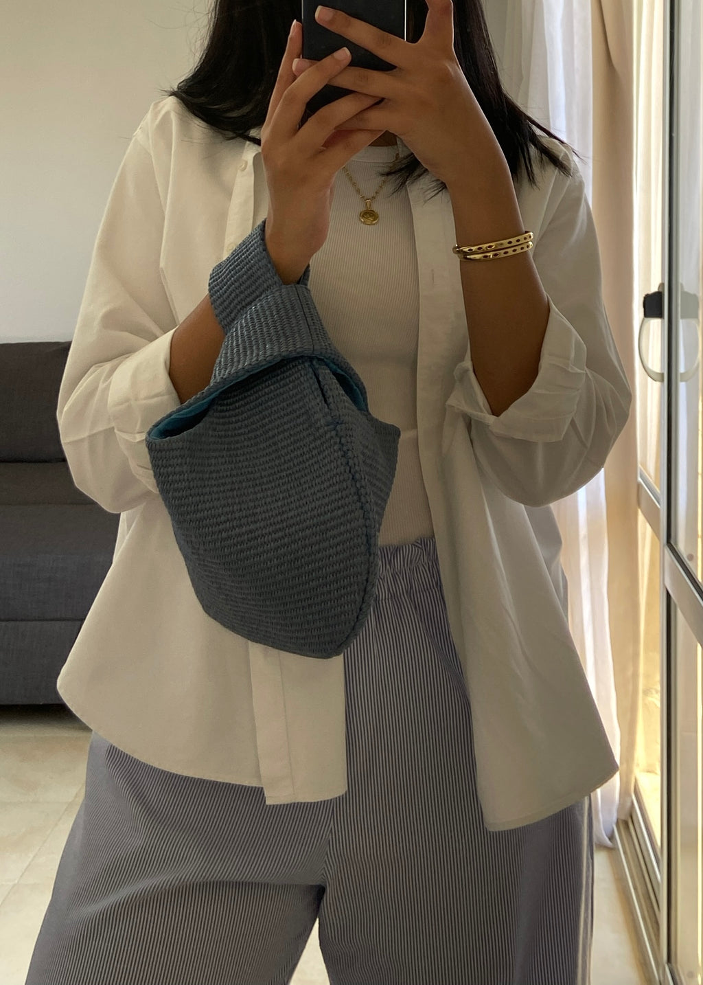 Blue Raffia Knot Bag