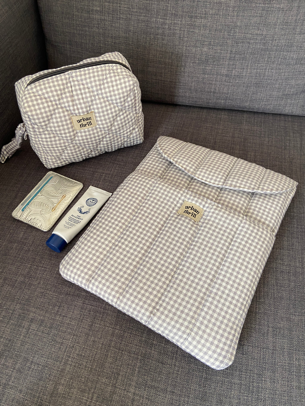 Grey Gingham Cosmetic Pouch