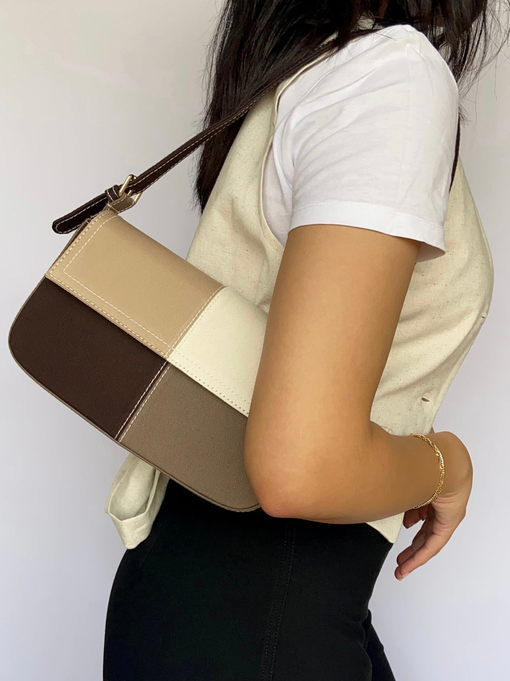 Brown Patched Denim Shoulder Bag