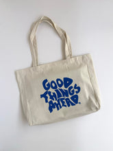 Load image into Gallery viewer, beige tote bag with royal blue design
